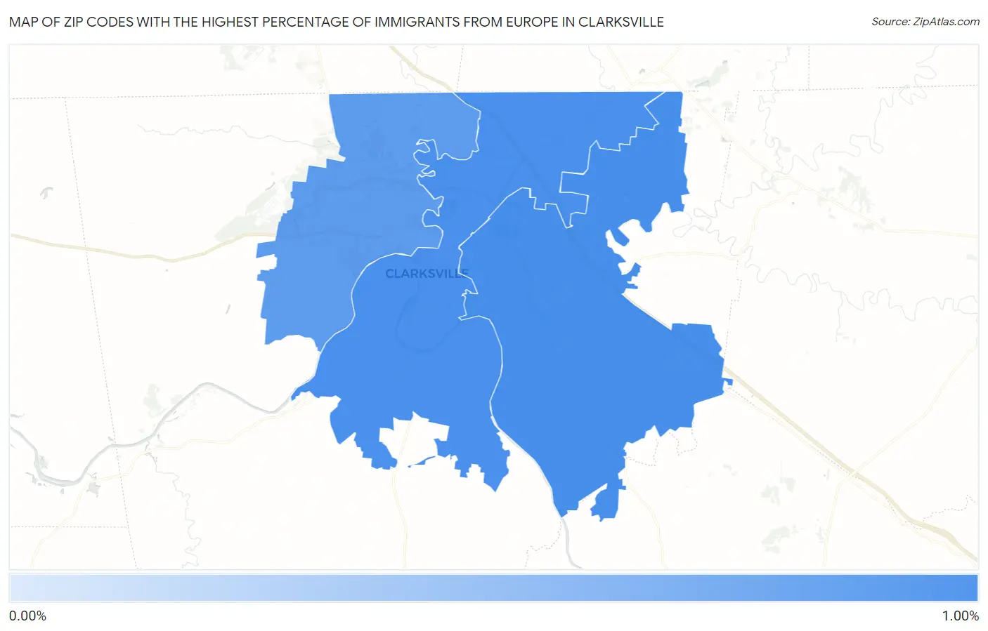 Zip Codes with the Highest Percentage of Immigrants from Europe in Clarksville Map