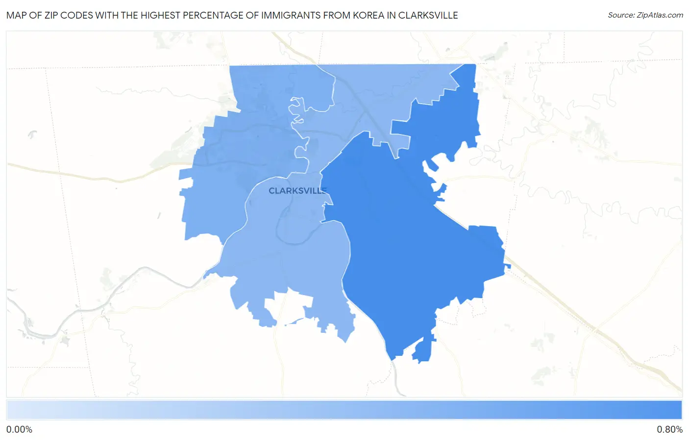 Zip Codes with the Highest Percentage of Immigrants from Korea in Clarksville Map