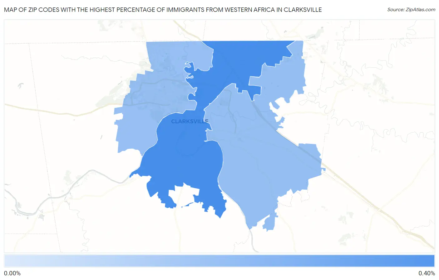 Zip Codes with the Highest Percentage of Immigrants from Western Africa in Clarksville Map