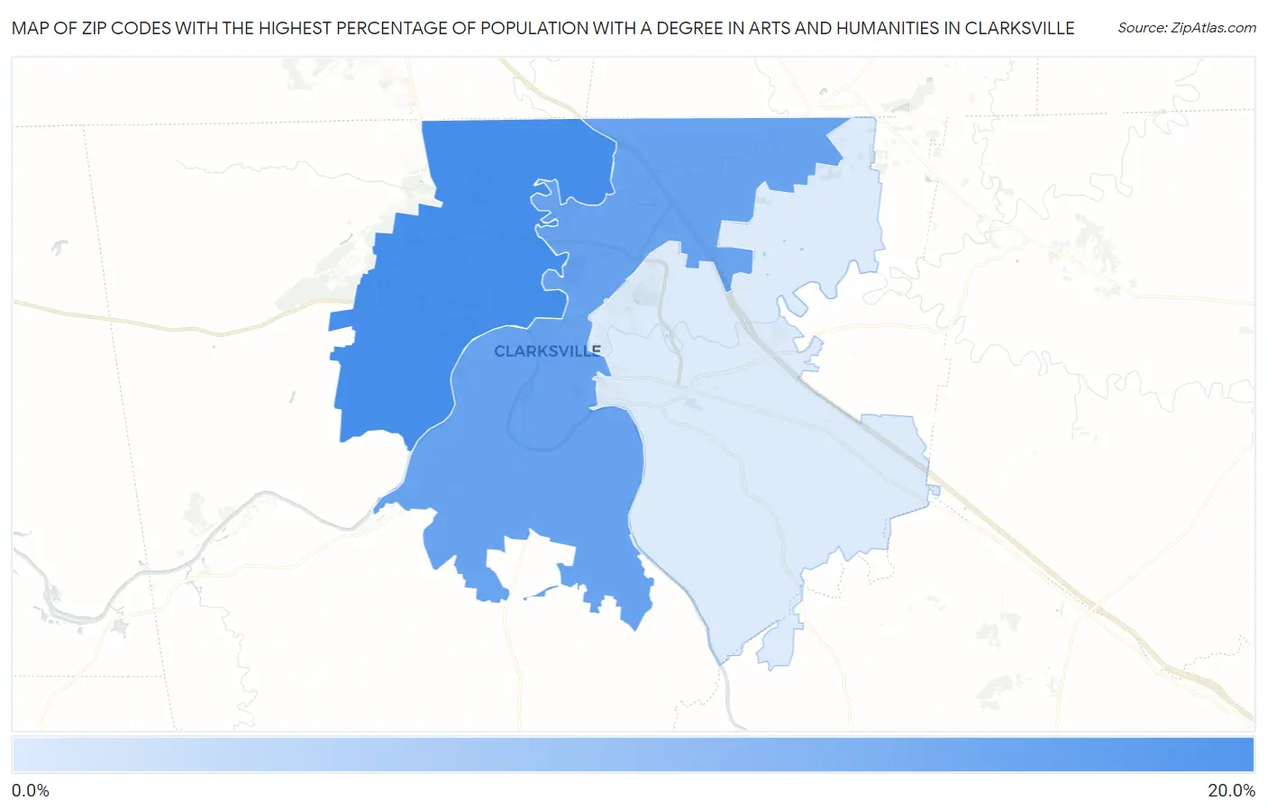 Zip Codes with the Highest Percentage of Population with a Degree in Arts and Humanities in Clarksville Map