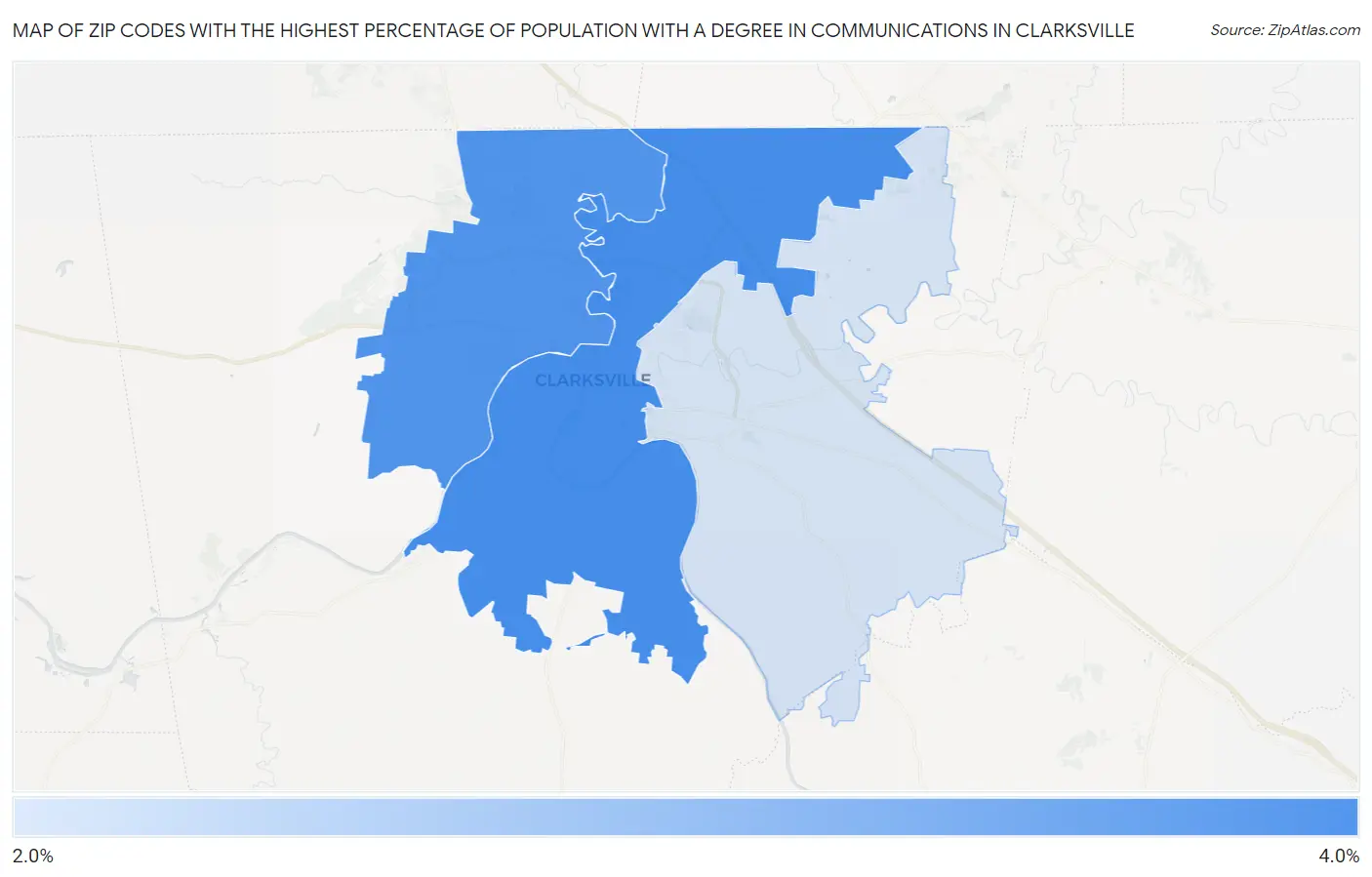Zip Codes with the Highest Percentage of Population with a Degree in Communications in Clarksville Map