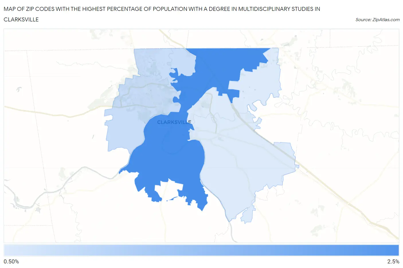 Zip Codes with the Highest Percentage of Population with a Degree in Multidisciplinary Studies in Clarksville Map