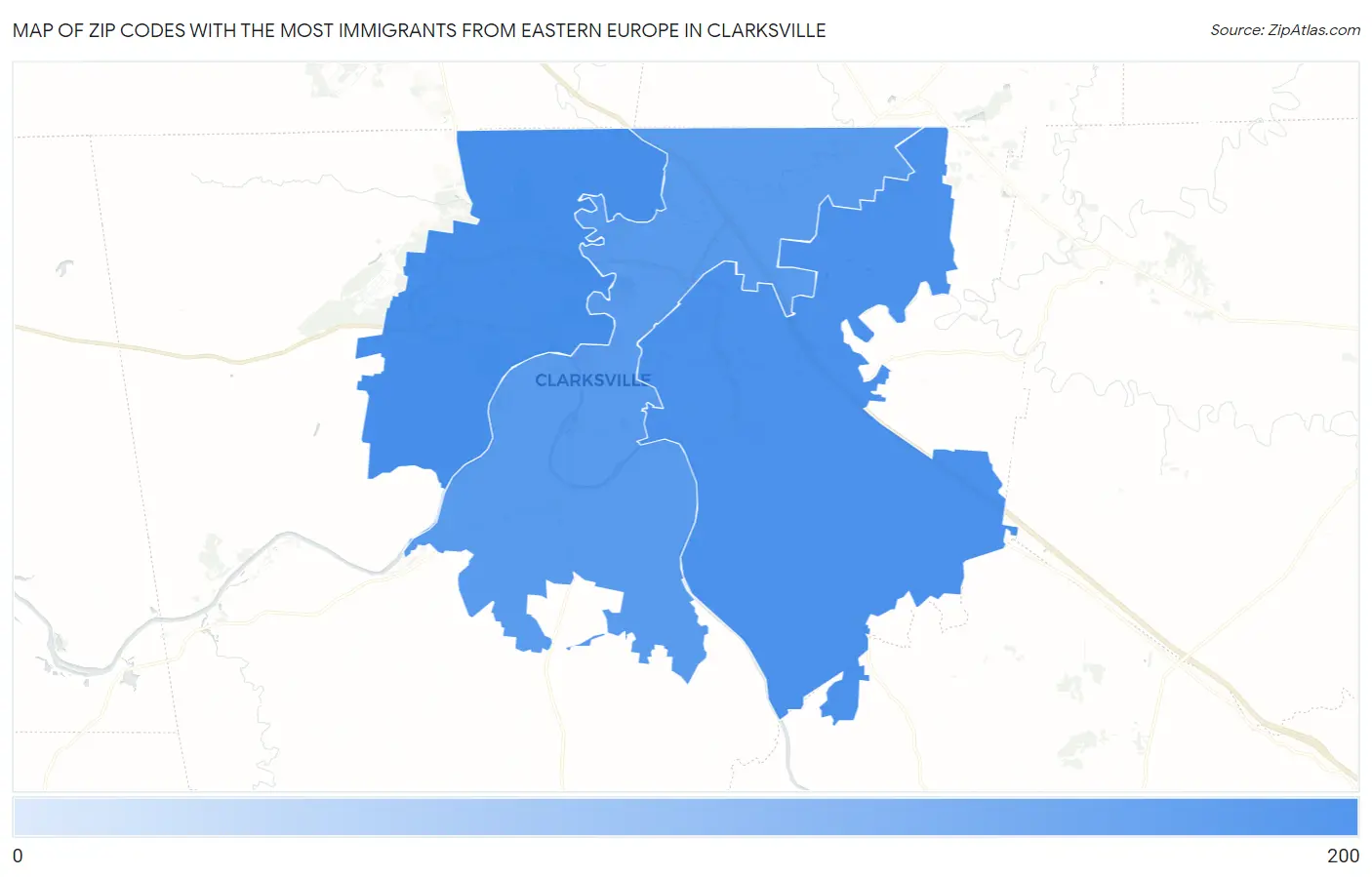 Zip Codes with the Most Immigrants from Eastern Europe in Clarksville Map