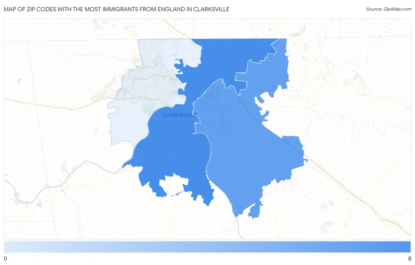 Zip Codes with the Most Immigrants from England in Clarksville Map