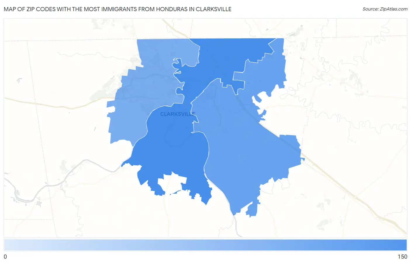 Zip Codes with the Most Immigrants from Honduras in Clarksville Map