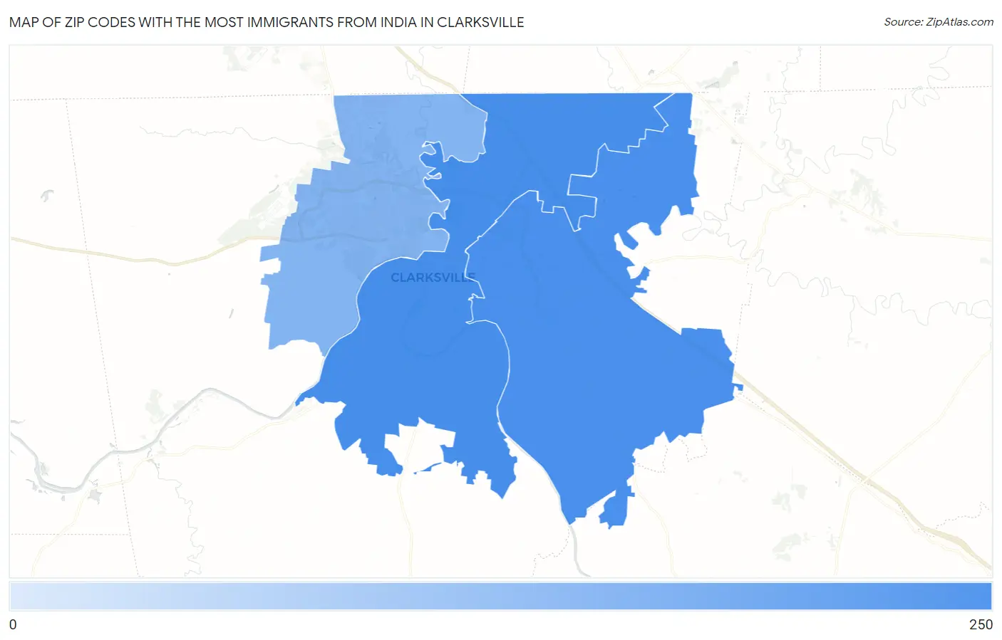Zip Codes with the Most Immigrants from India in Clarksville Map