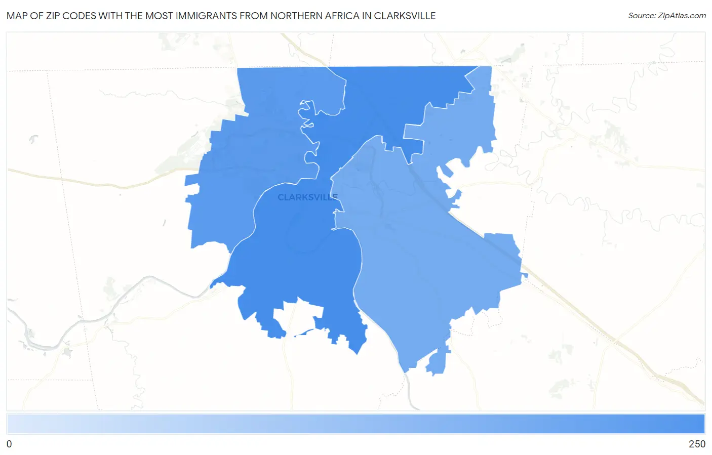 Zip Codes with the Most Immigrants from Northern Africa in Clarksville Map