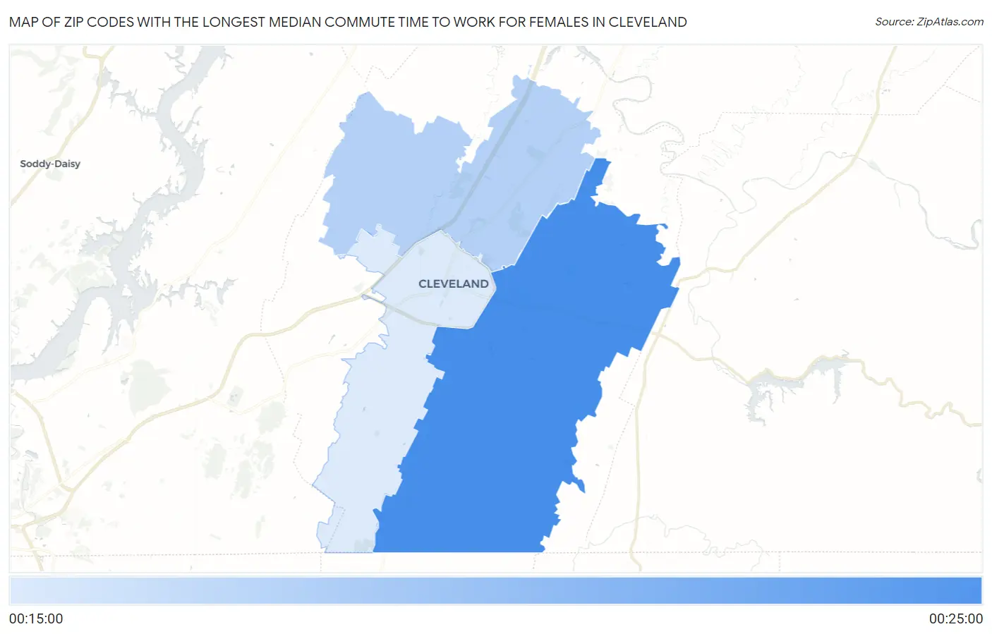 Zip Codes with the Longest Median Commute Time to Work for Females in Cleveland Map