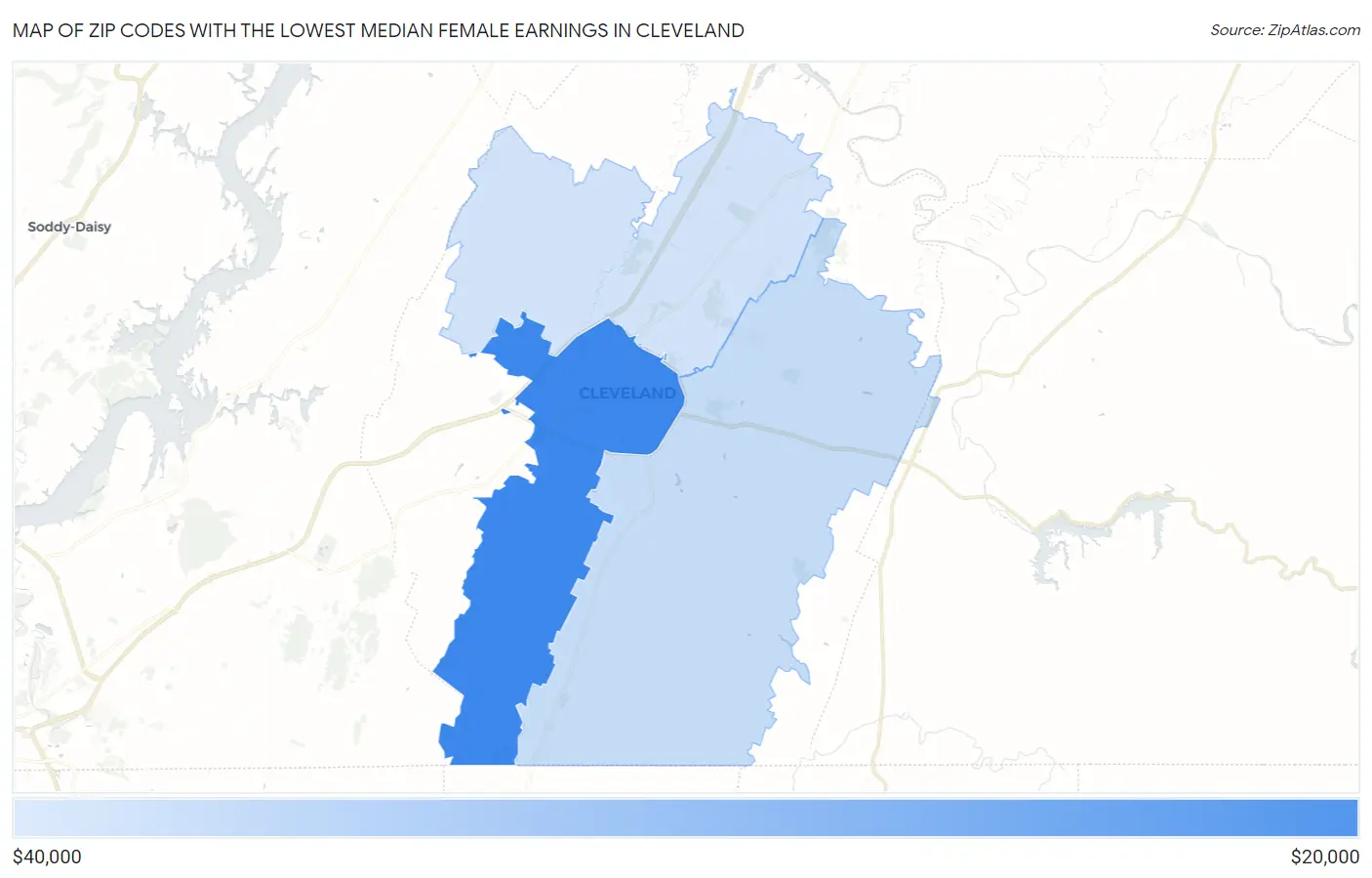Zip Codes with the Lowest Median Female Earnings in Cleveland Map