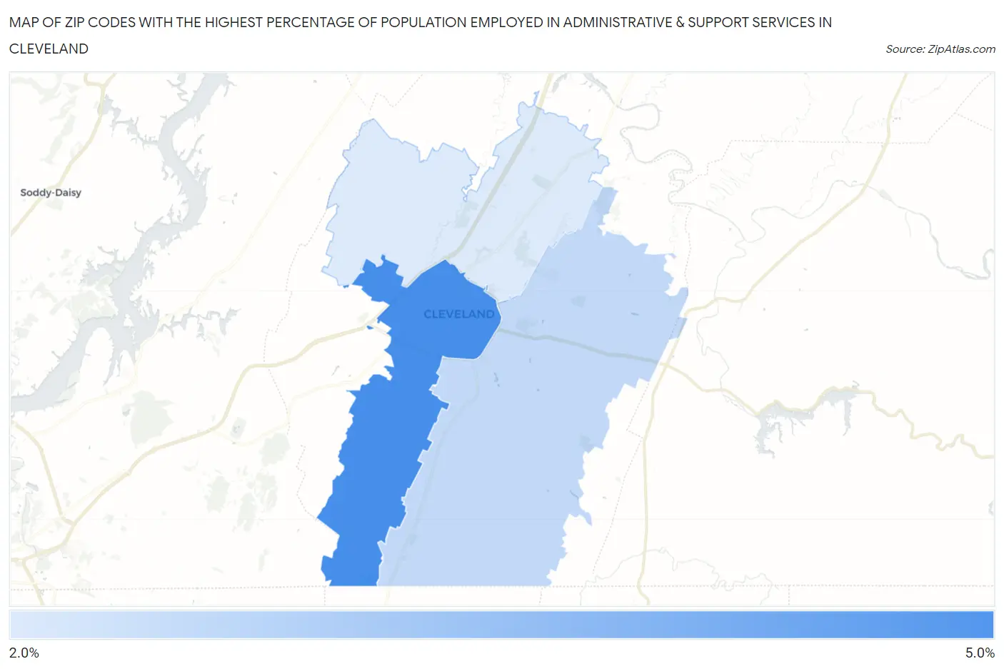 Zip Codes with the Highest Percentage of Population Employed in Administrative & Support Services in Cleveland Map