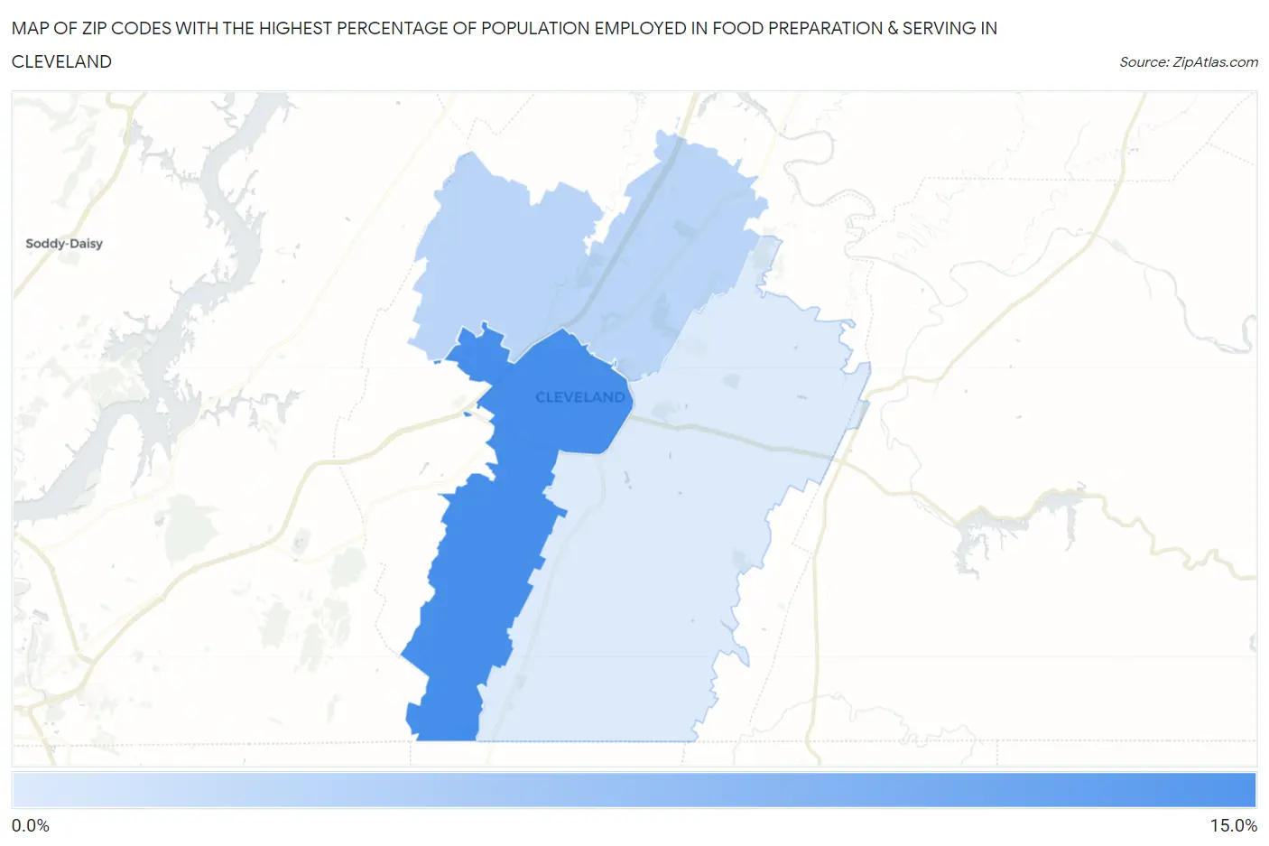 Zip Codes with the Highest Percentage of Population Employed in Food Preparation & Serving in Cleveland Map