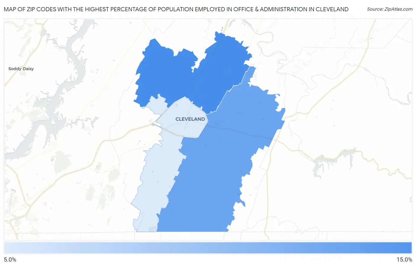 Zip Codes with the Highest Percentage of Population Employed in Office & Administration in Cleveland Map