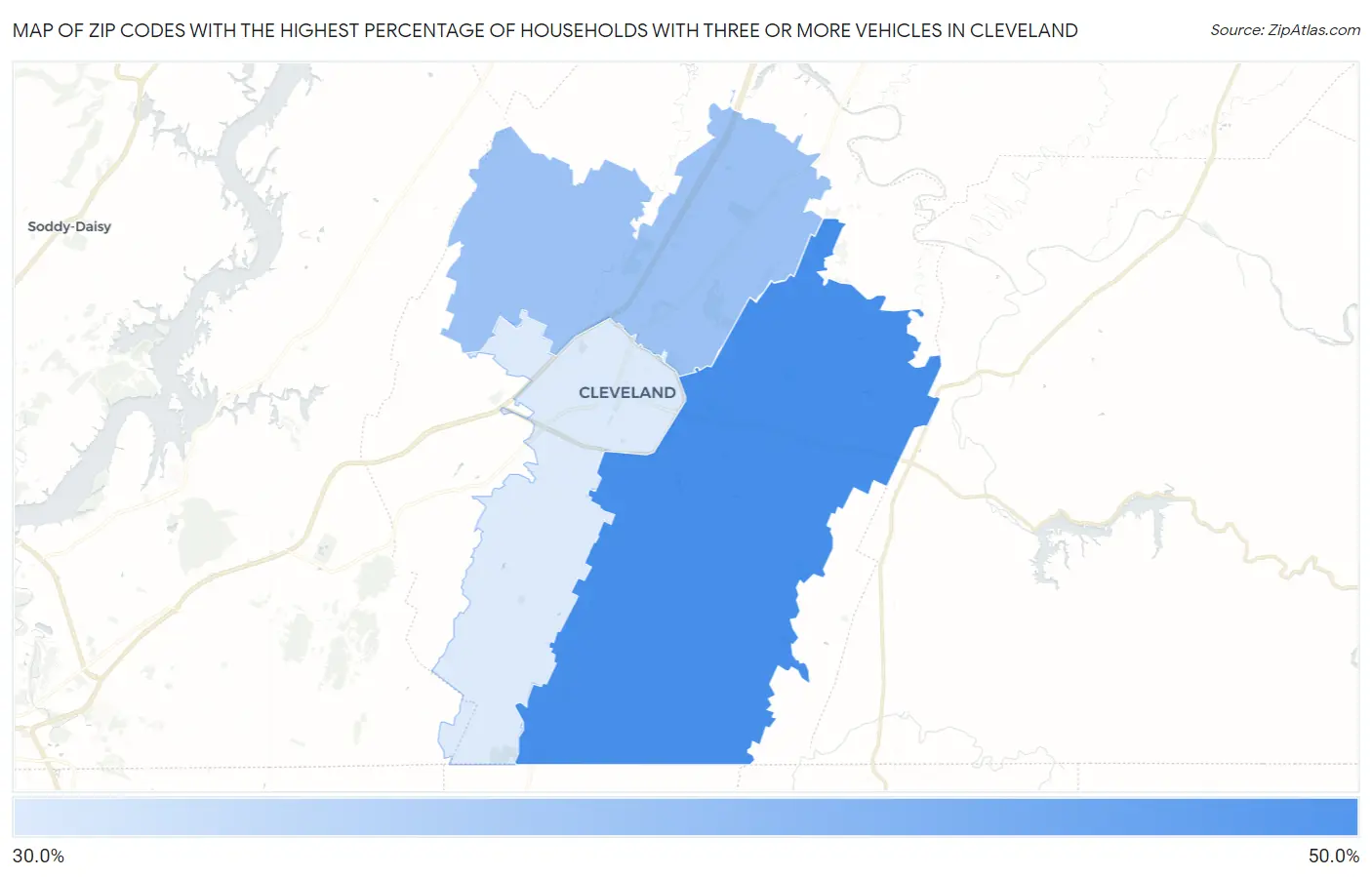Zip Codes with the Highest Percentage of Households With Three or more Vehicles in Cleveland Map