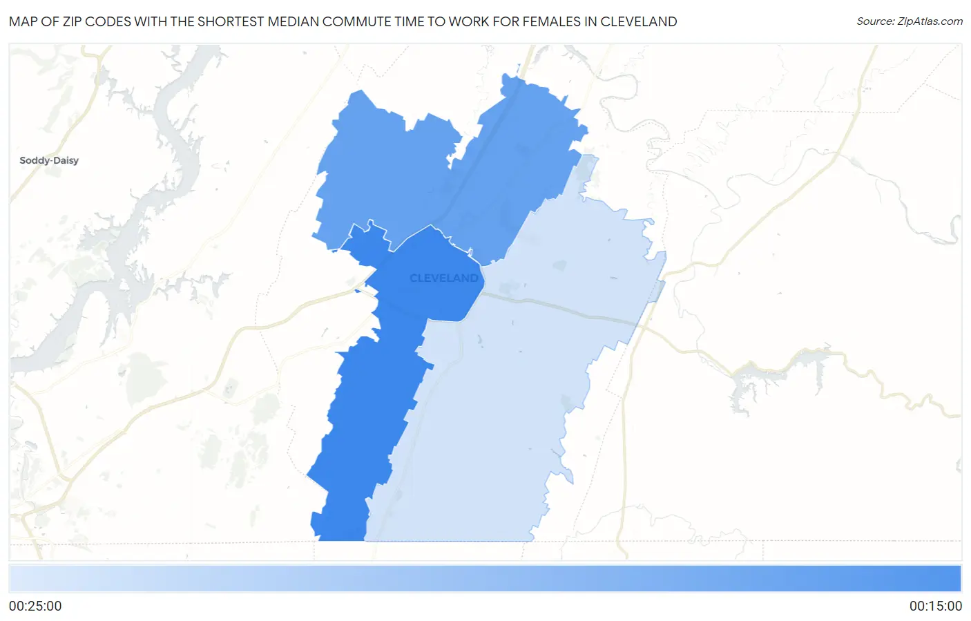 Zip Codes with the Shortest Median Commute Time to Work for Females in Cleveland Map
