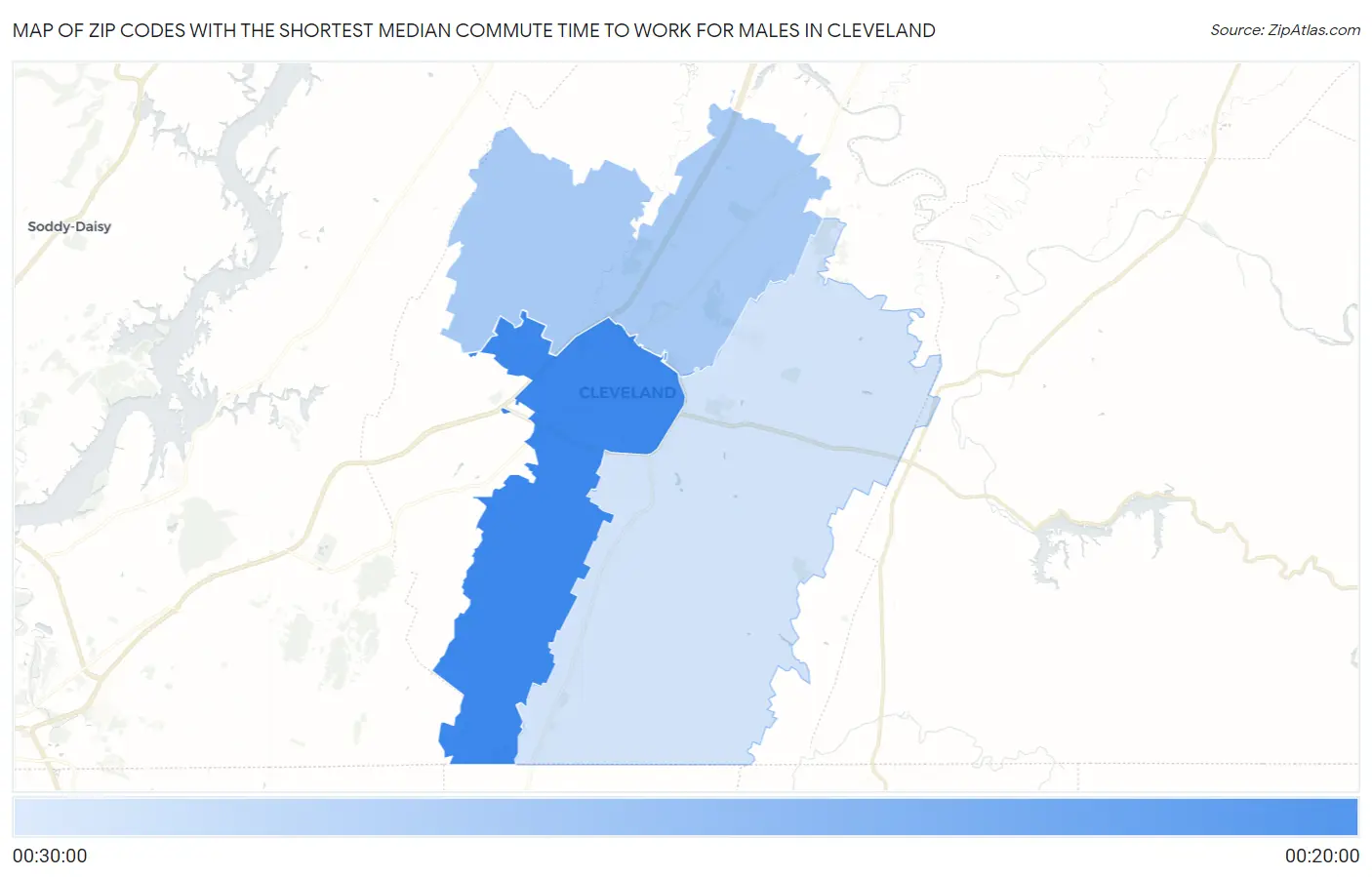 Zip Codes with the Shortest Median Commute Time to Work for Males in Cleveland Map