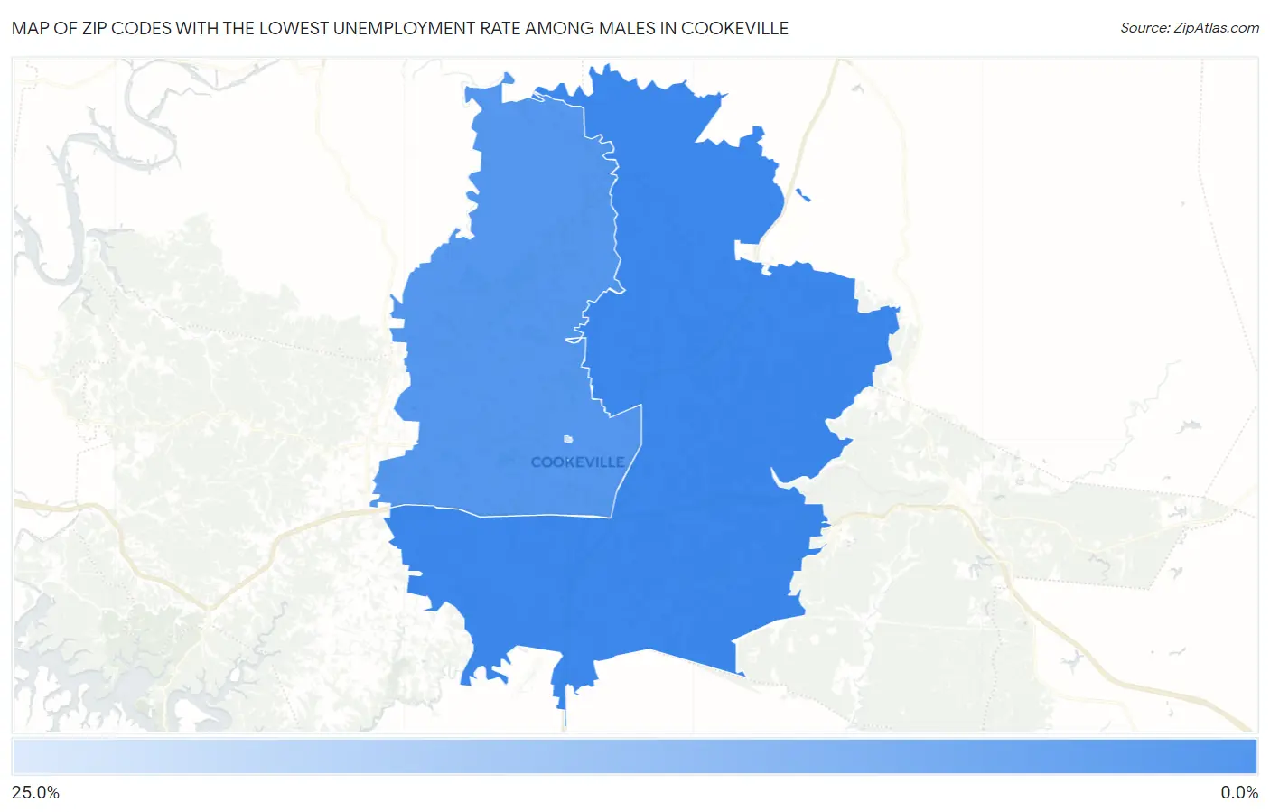 Zip Codes with the Lowest Unemployment Rate Among Males in Cookeville Map