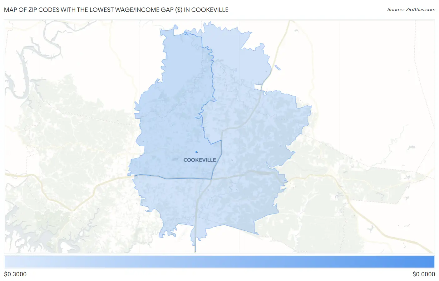 Zip Codes with the Lowest Wage/Income Gap ($) in Cookeville Map