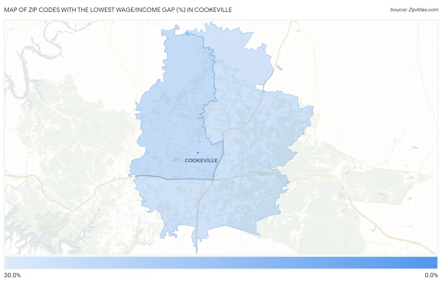 Zip Codes with the Lowest Wage/Income Gap (%) in Cookeville Map