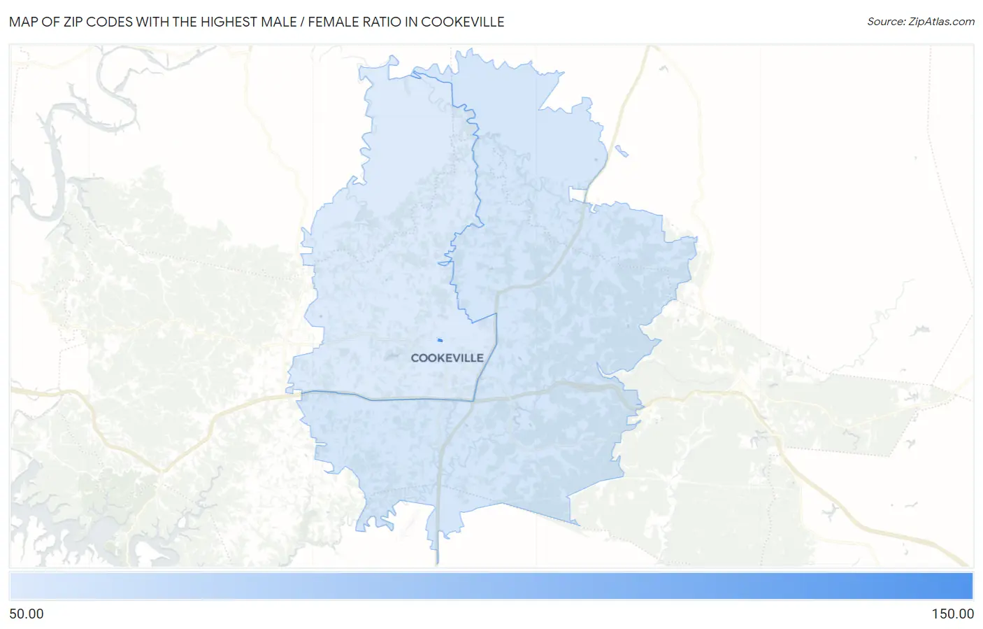 Zip Codes with the Highest Male / Female Ratio in Cookeville Map