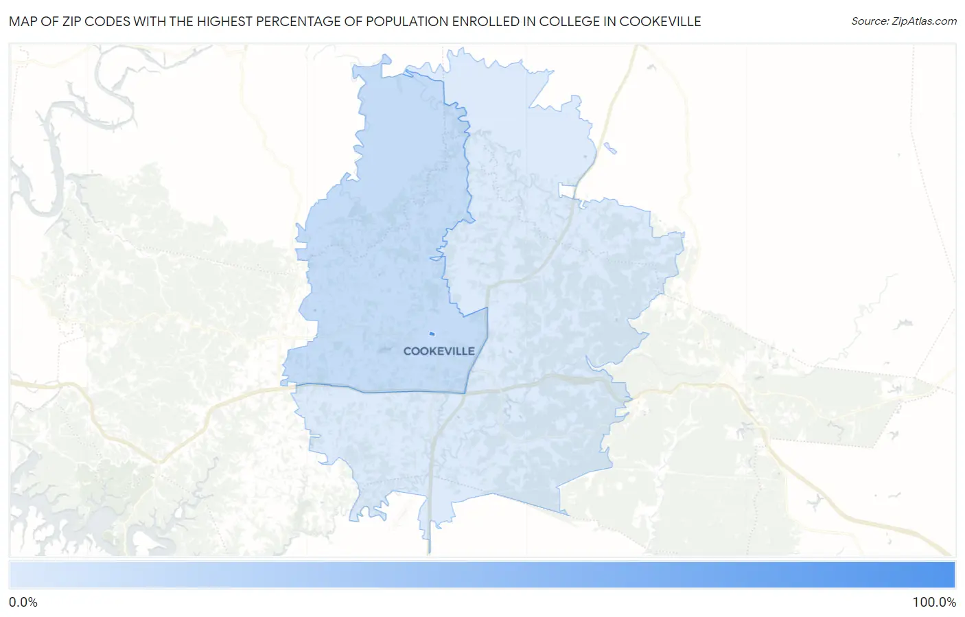Zip Codes with the Highest Percentage of Population Enrolled in College in Cookeville Map