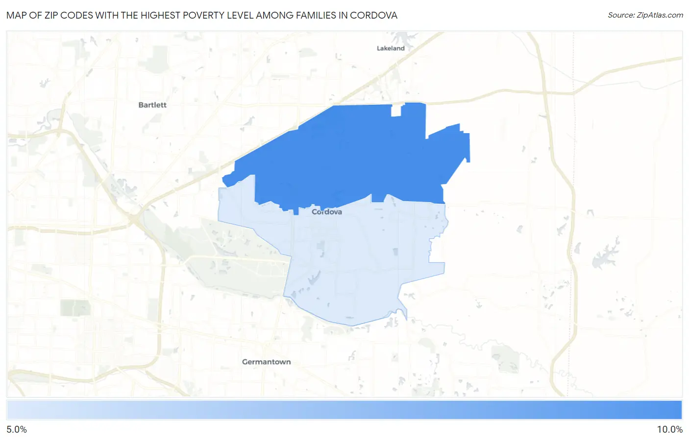 Zip Codes with the Highest Poverty Level Among Families in Cordova Map