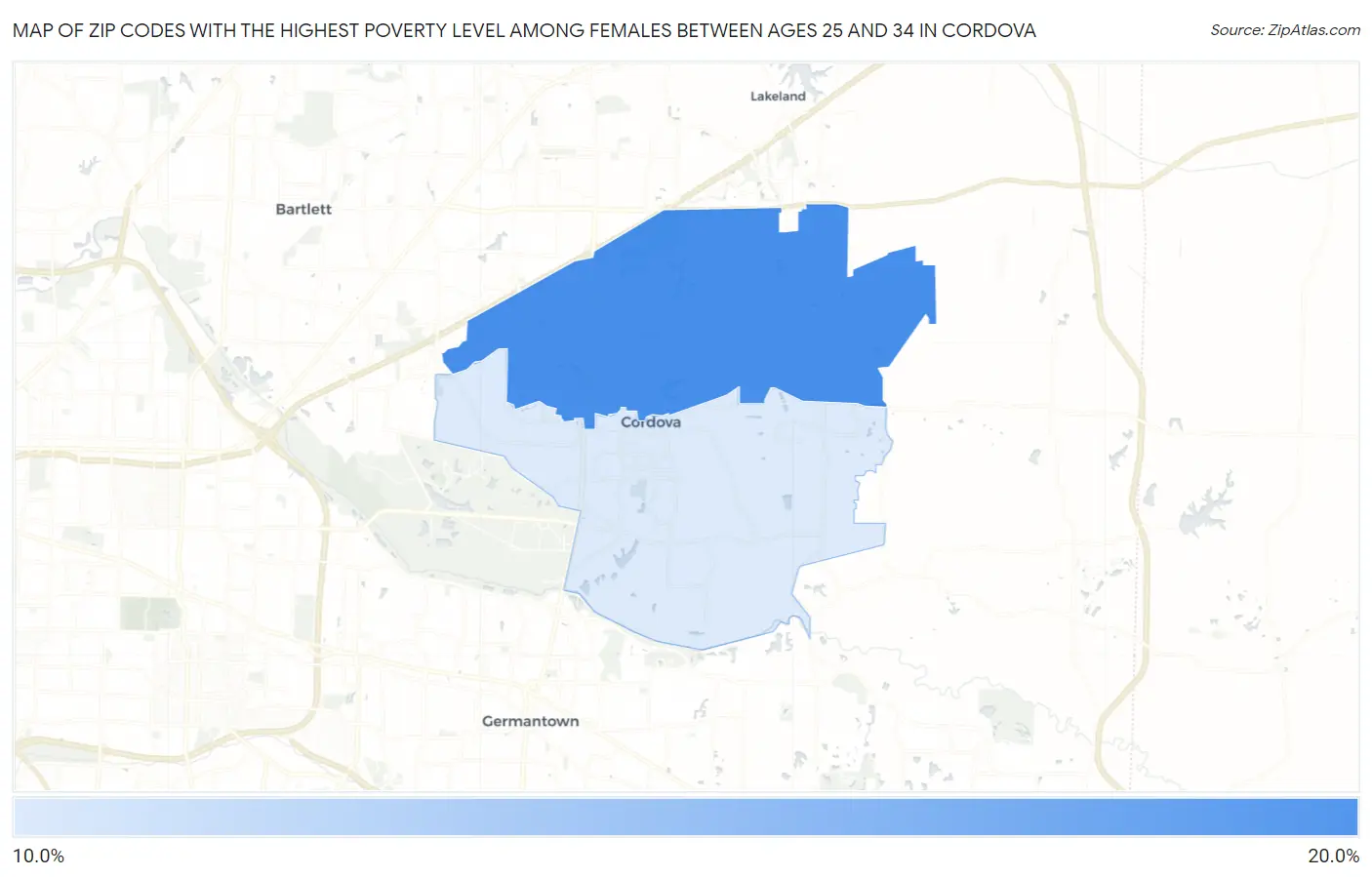Zip Codes with the Highest Poverty Level Among Females Between Ages 25 and 34 in Cordova Map