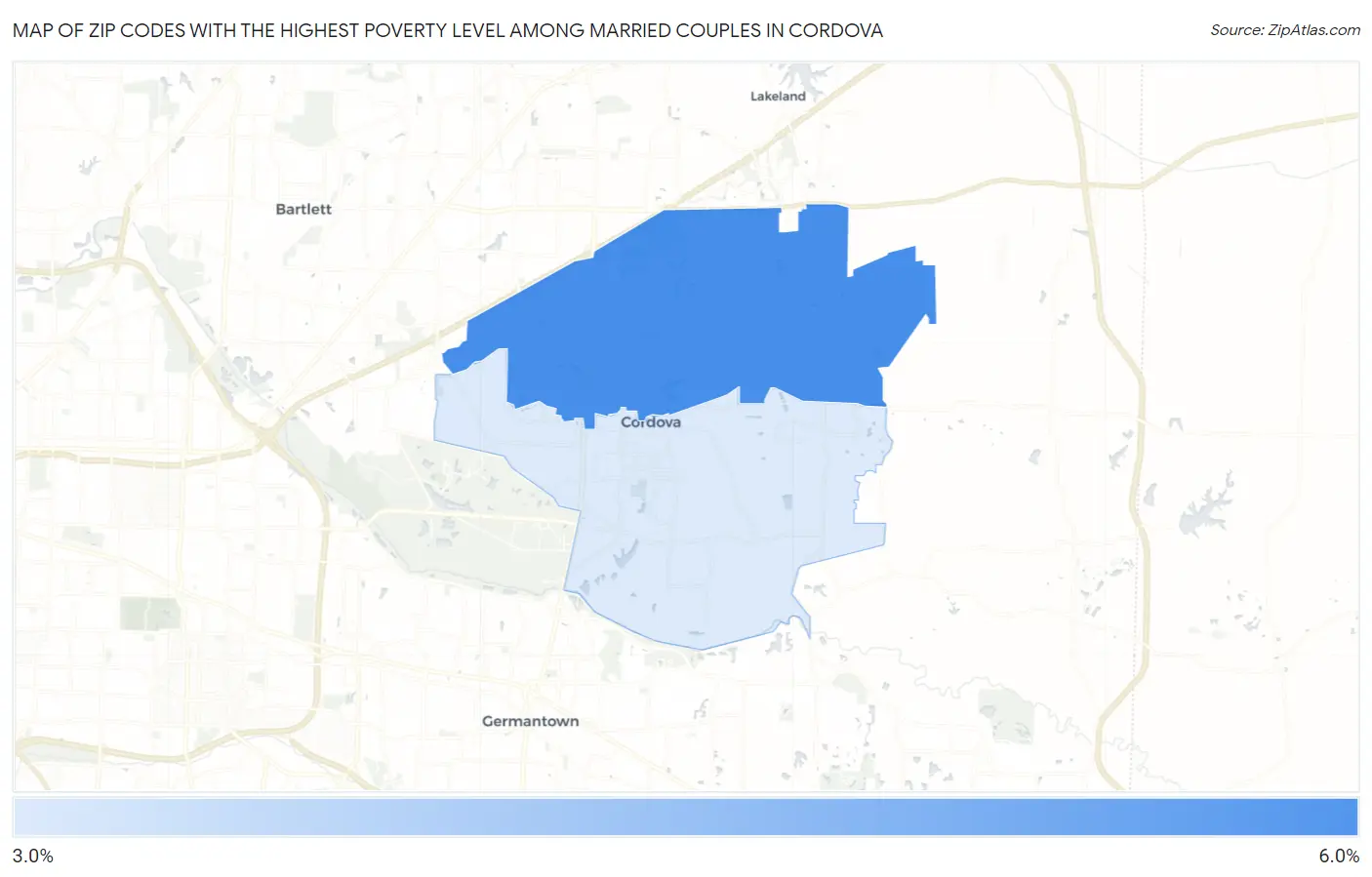 Zip Codes with the Highest Poverty Level Among Married Couples in Cordova Map