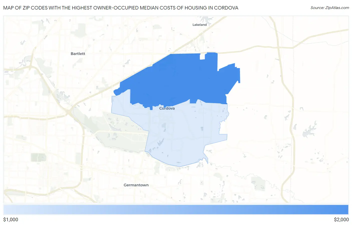 Zip Codes with the Highest Owner-Occupied Median Costs of Housing in Cordova Map