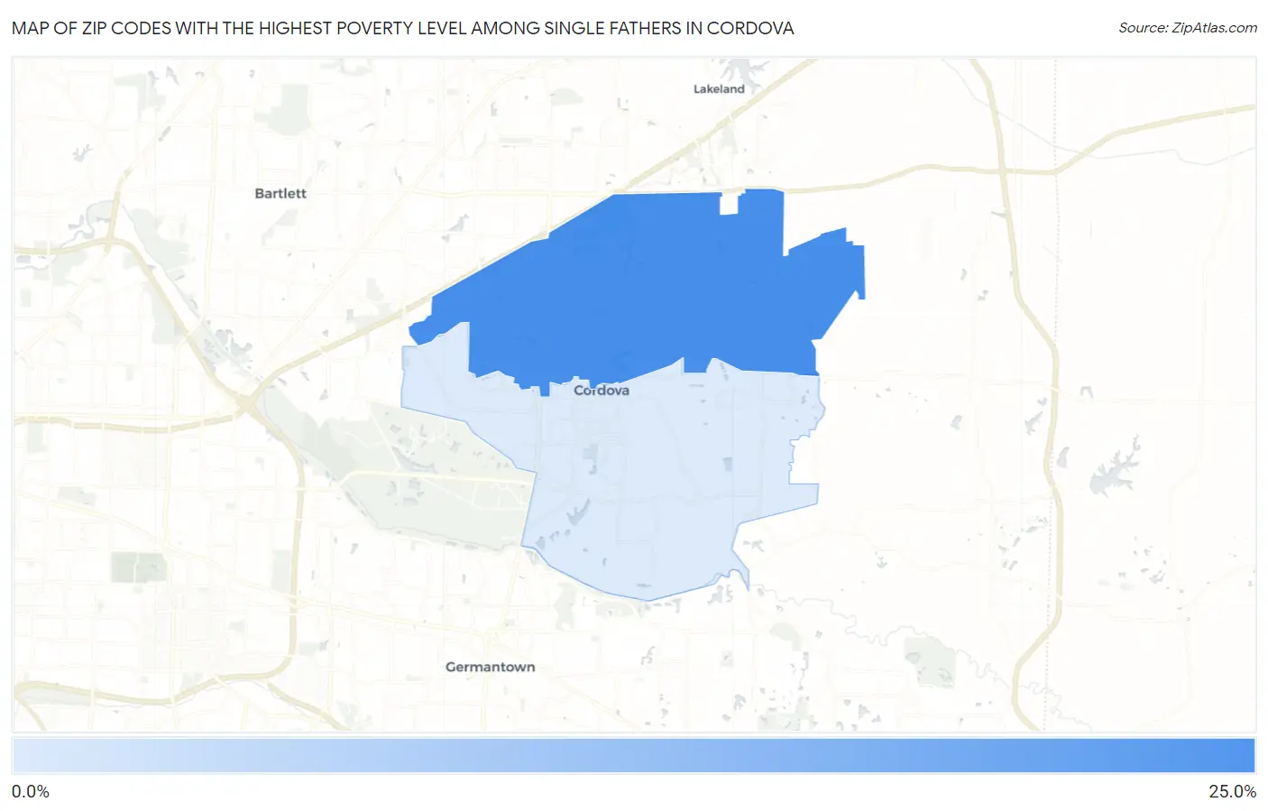 Zip Codes with the Highest Poverty Level Among Single Fathers in Cordova Map