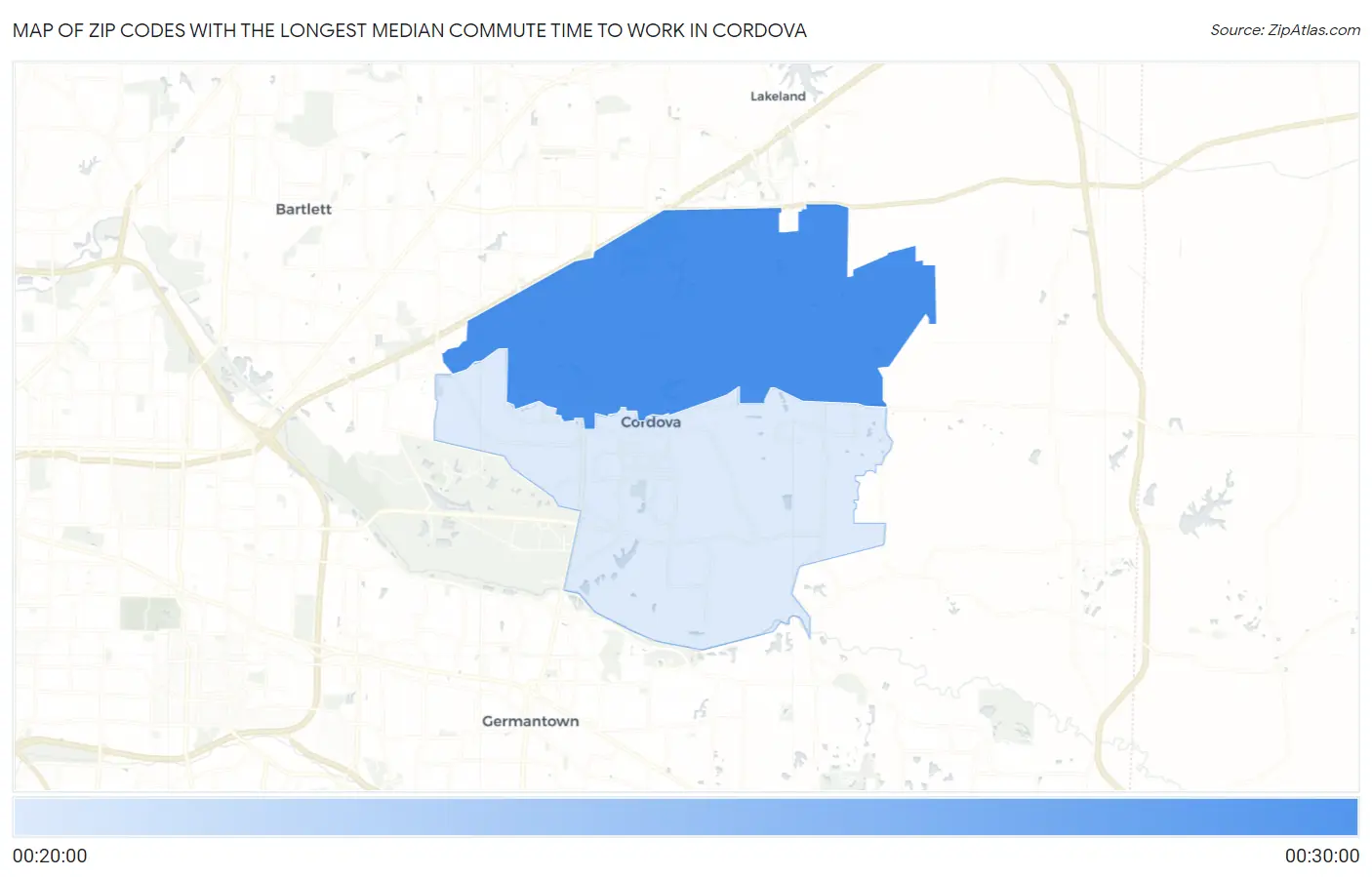 Zip Codes with the Longest Median Commute Time to Work in Cordova Map