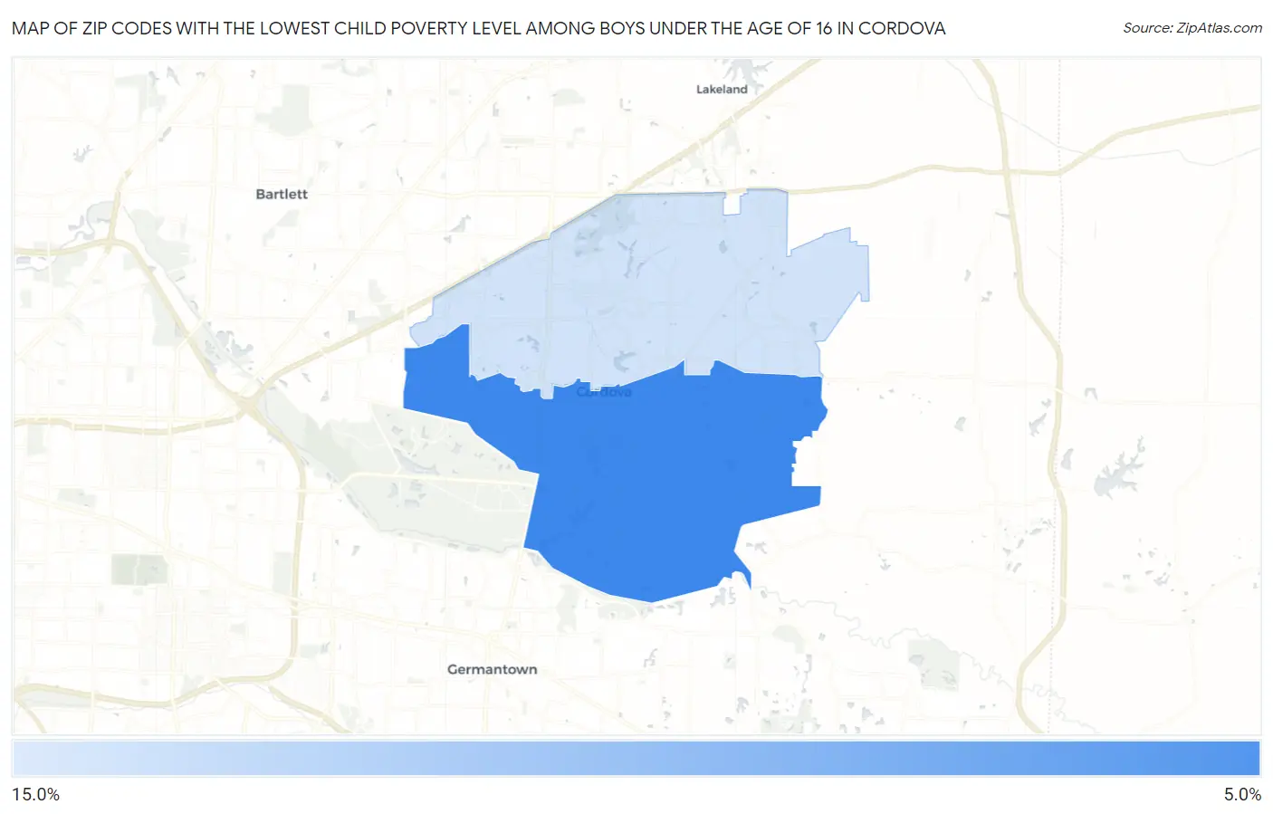 Zip Codes with the Lowest Child Poverty Level Among Boys Under the Age of 16 in Cordova Map