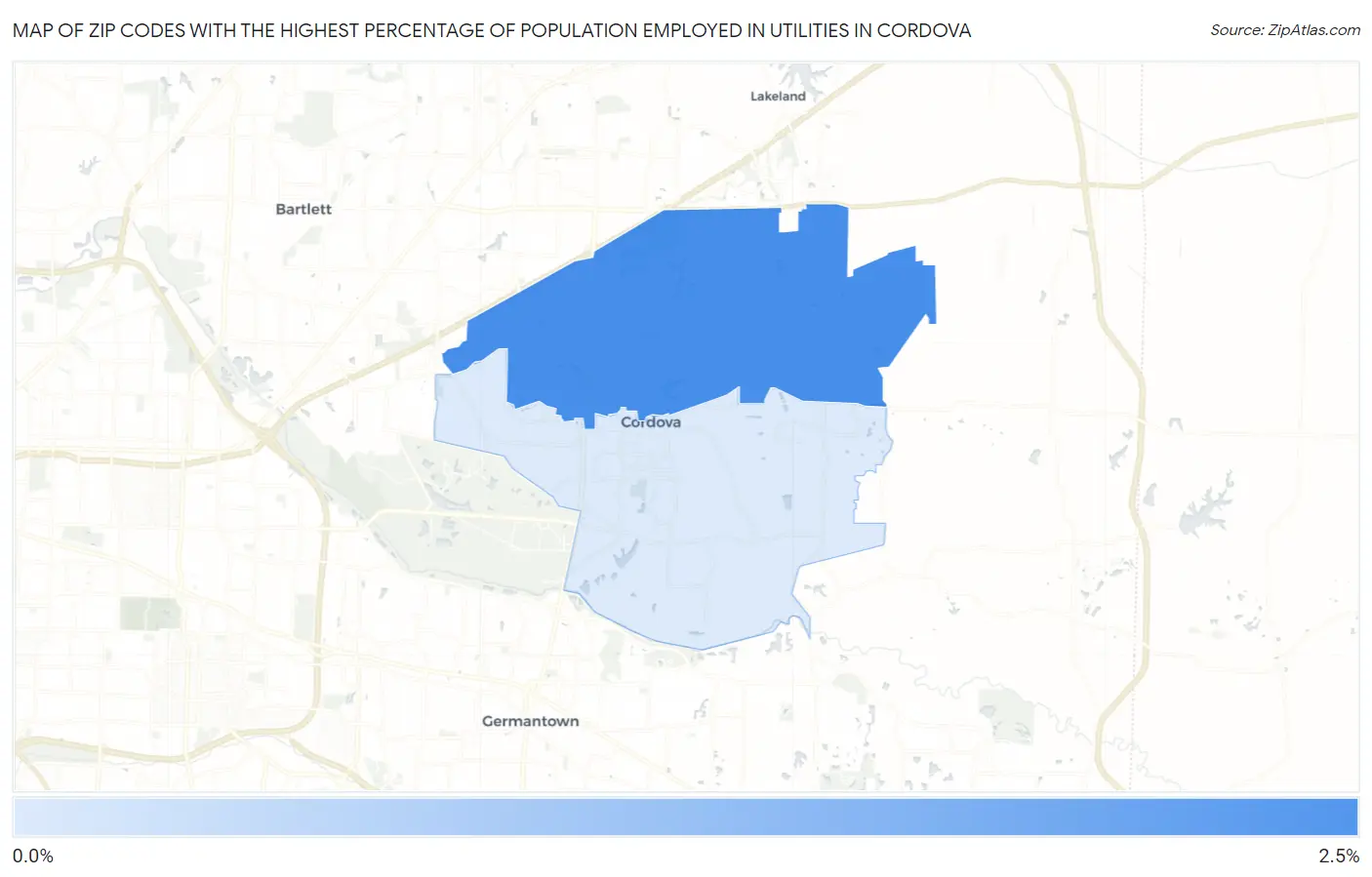 Zip Codes with the Highest Percentage of Population Employed in Utilities in Cordova Map