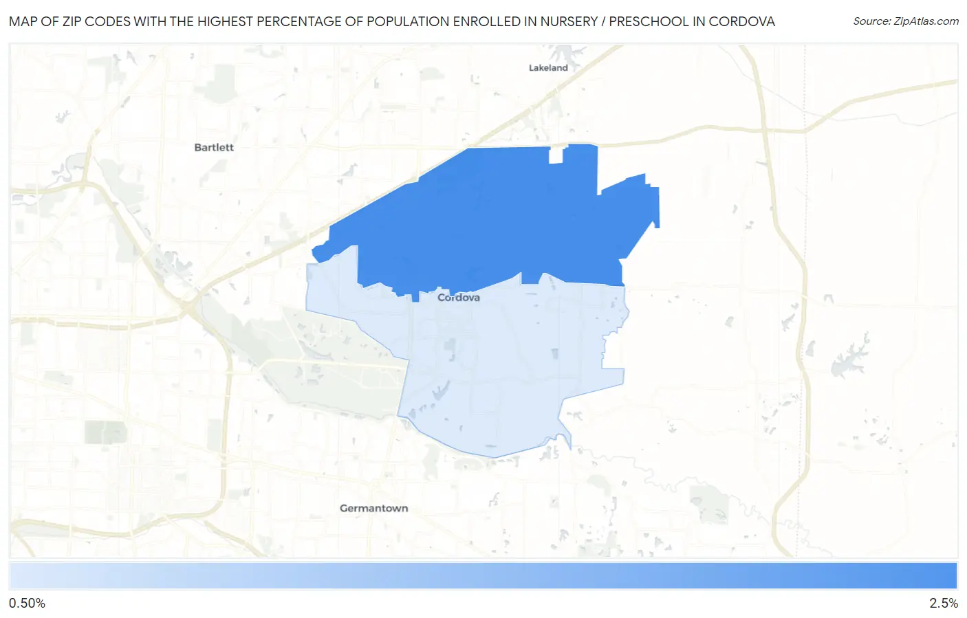 Zip Codes with the Highest Percentage of Population Enrolled in Nursery / Preschool in Cordova Map