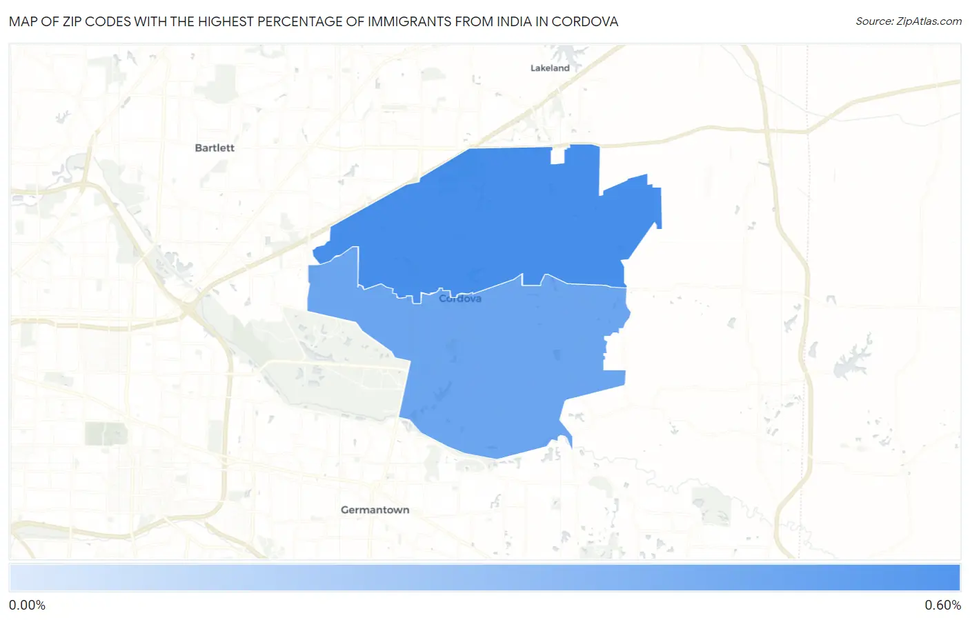 Zip Codes with the Highest Percentage of Immigrants from India in Cordova Map