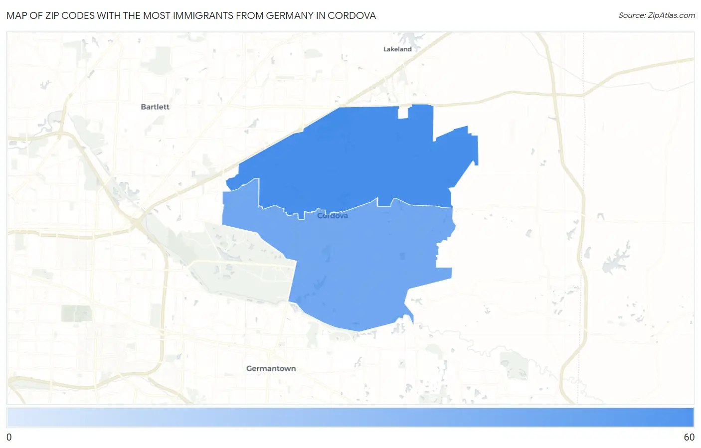 Zip Codes with the Most Immigrants from Germany in Cordova Map