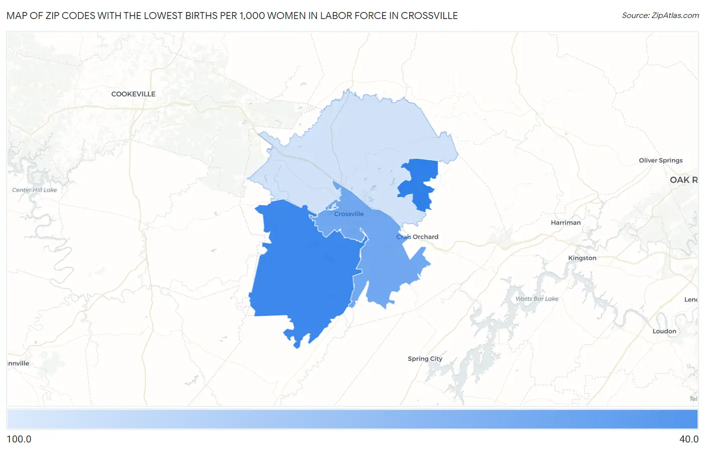 Zip Codes with the Lowest Births per 1,000 Women in Labor Force in Crossville Map