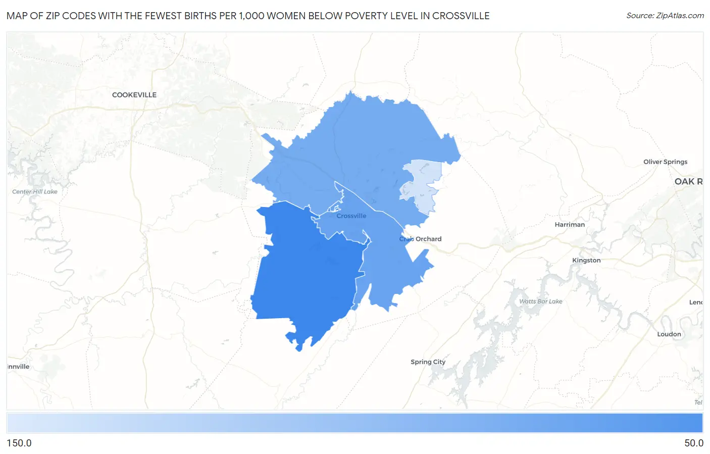 Zip Codes with the Fewest Births per 1,000 Women Below Poverty Level in Crossville Map