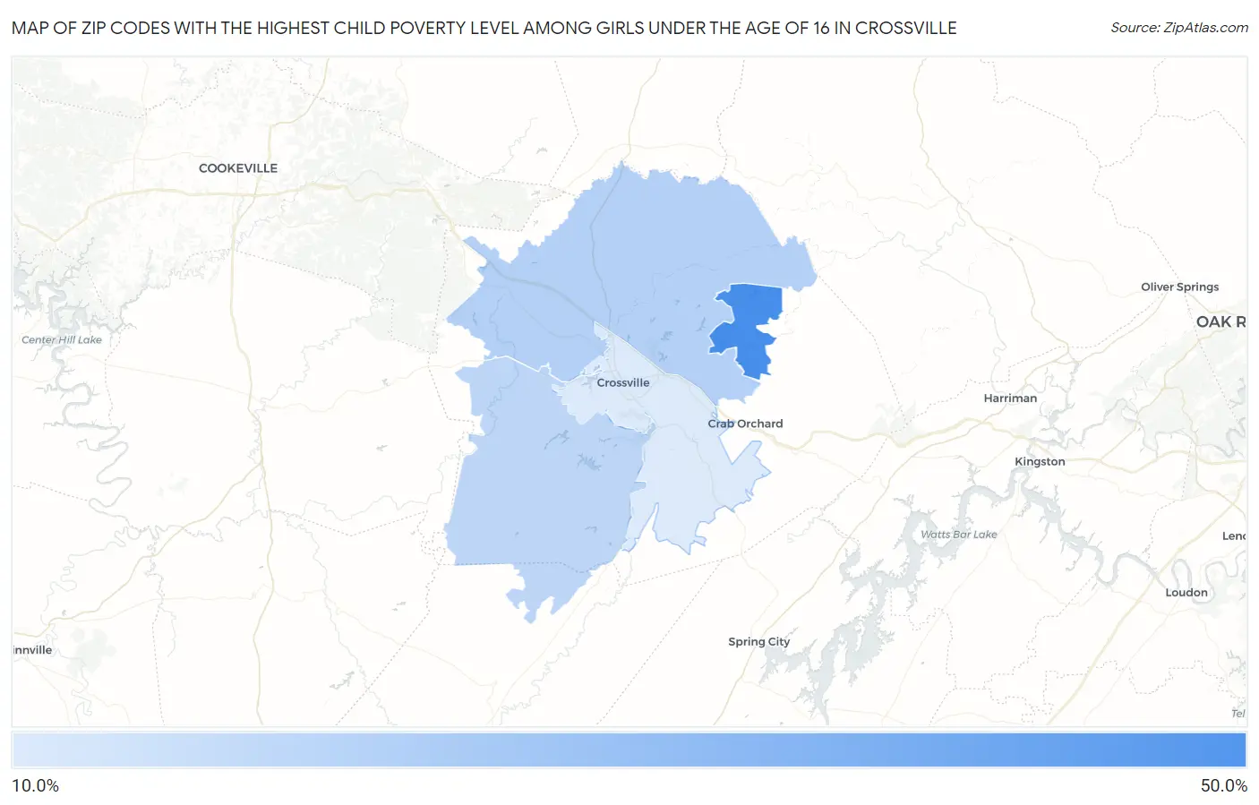 Zip Codes with the Highest Child Poverty Level Among Girls Under the Age of 16 in Crossville Map