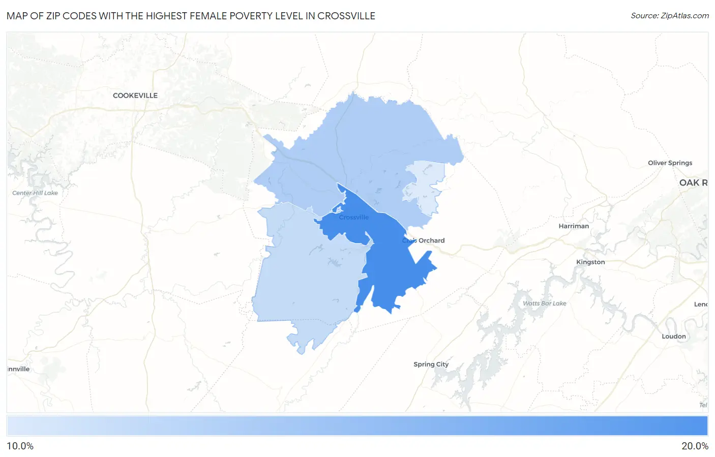 Zip Codes with the Highest Female Poverty Level in Crossville Map