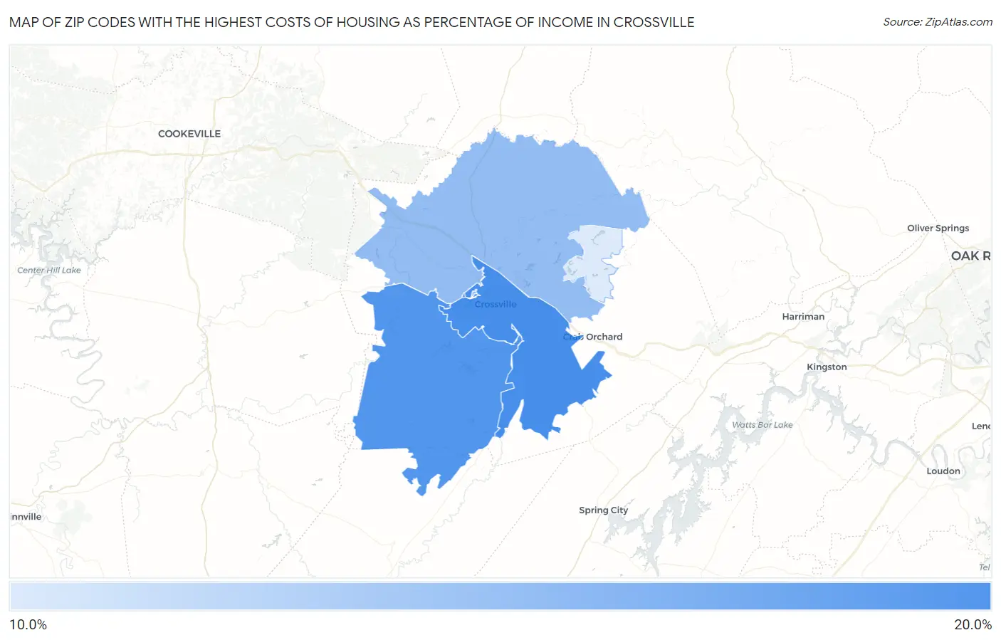 Zip Codes with the Highest Costs of Housing as Percentage of Income in Crossville Map
