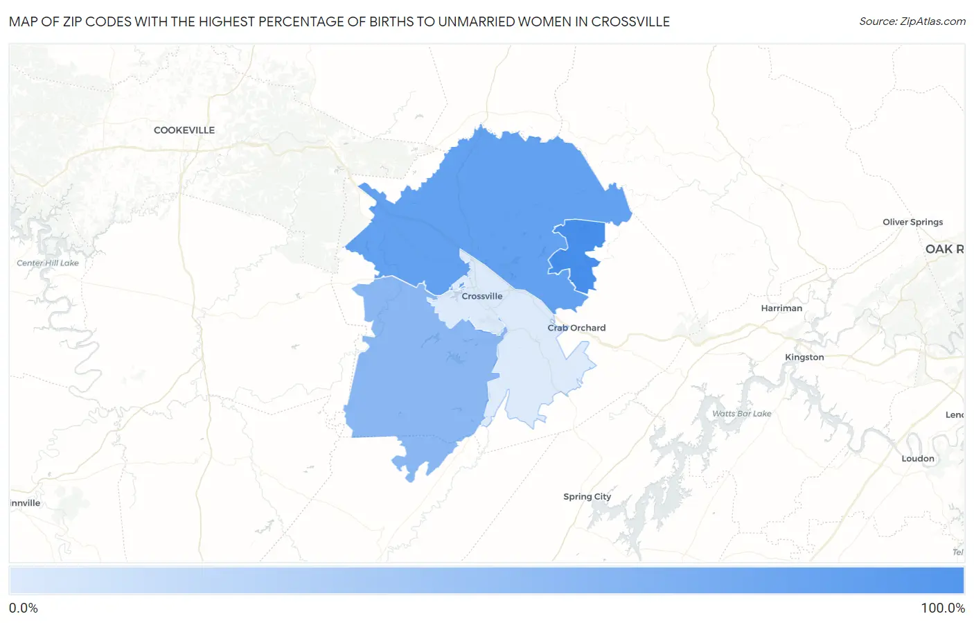 Zip Codes with the Highest Percentage of Births to Unmarried Women in Crossville Map