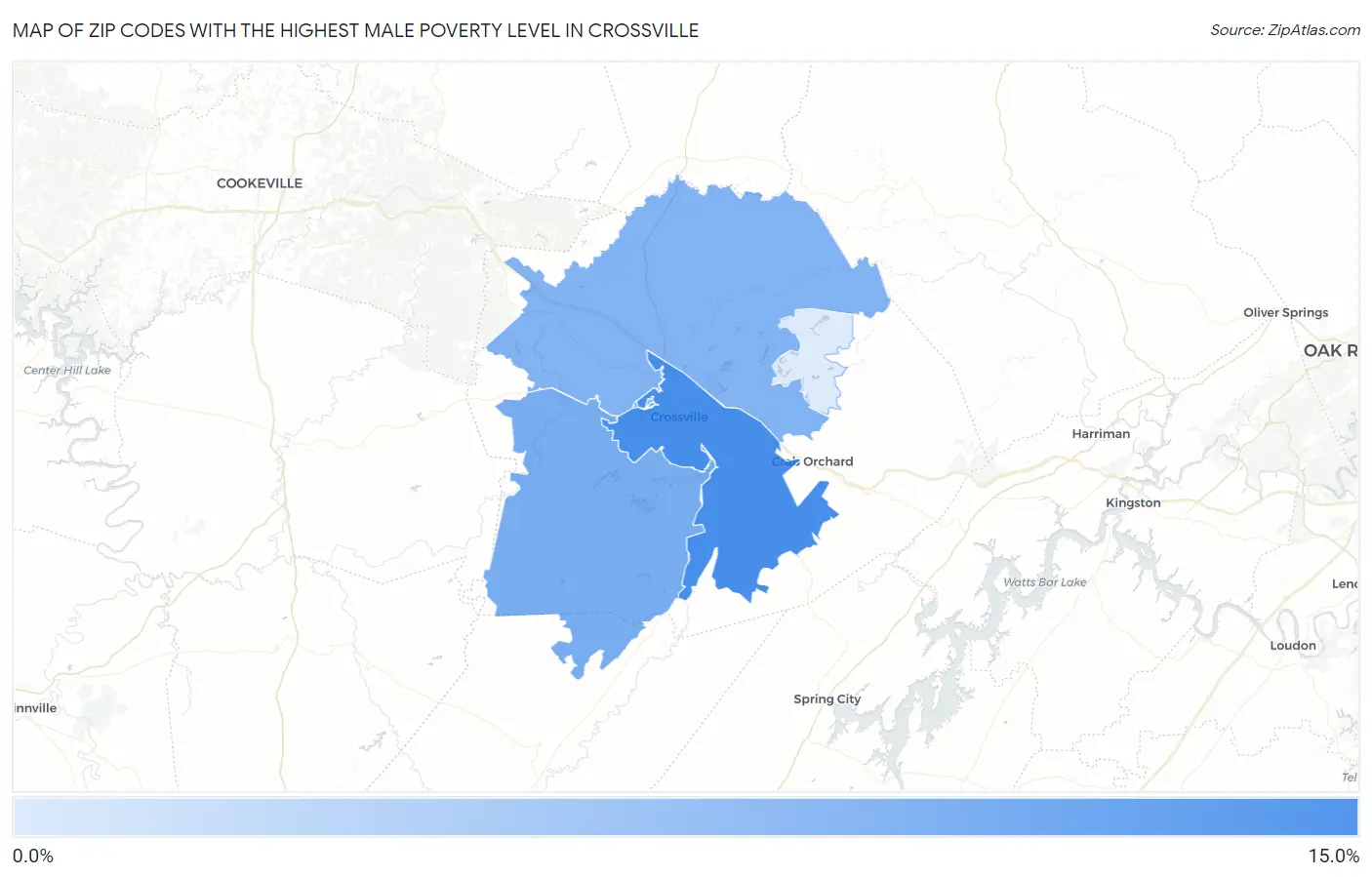 Zip Codes with the Highest Male Poverty Level in Crossville Map