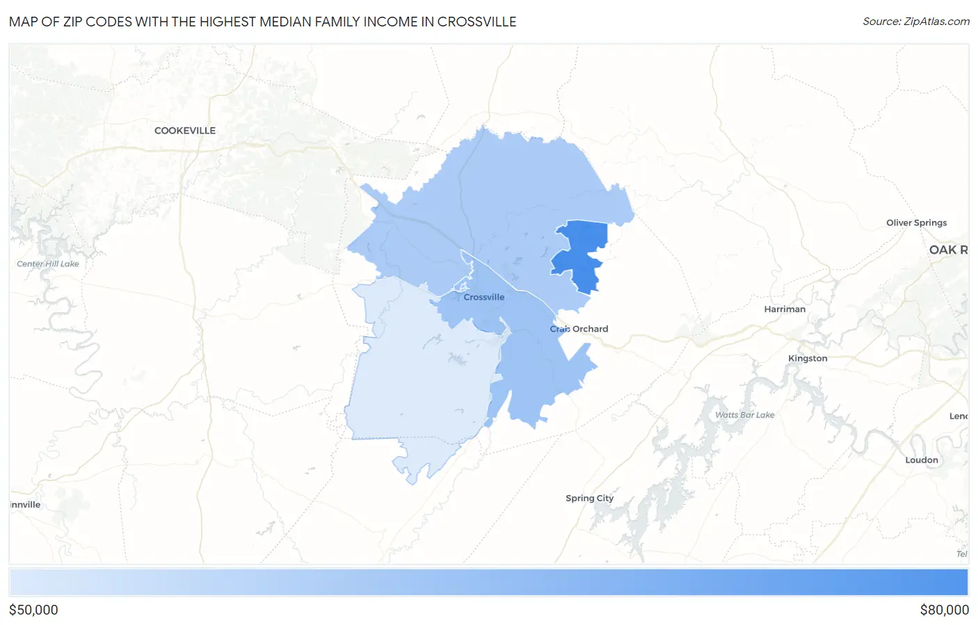 Zip Codes with the Highest Median Family Income in Crossville Map