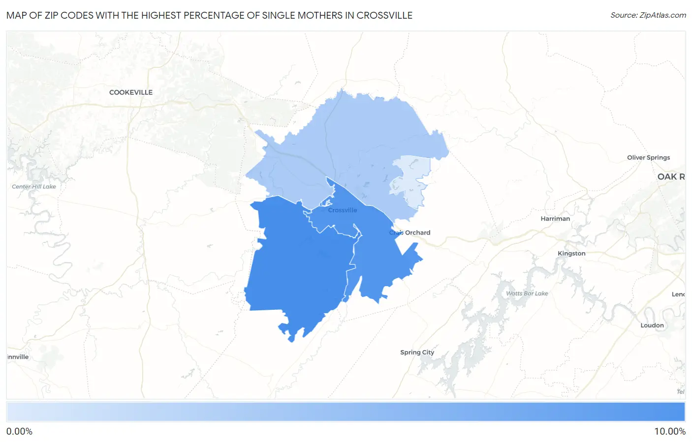 Zip Codes with the Highest Percentage of Single Mothers in Crossville Map