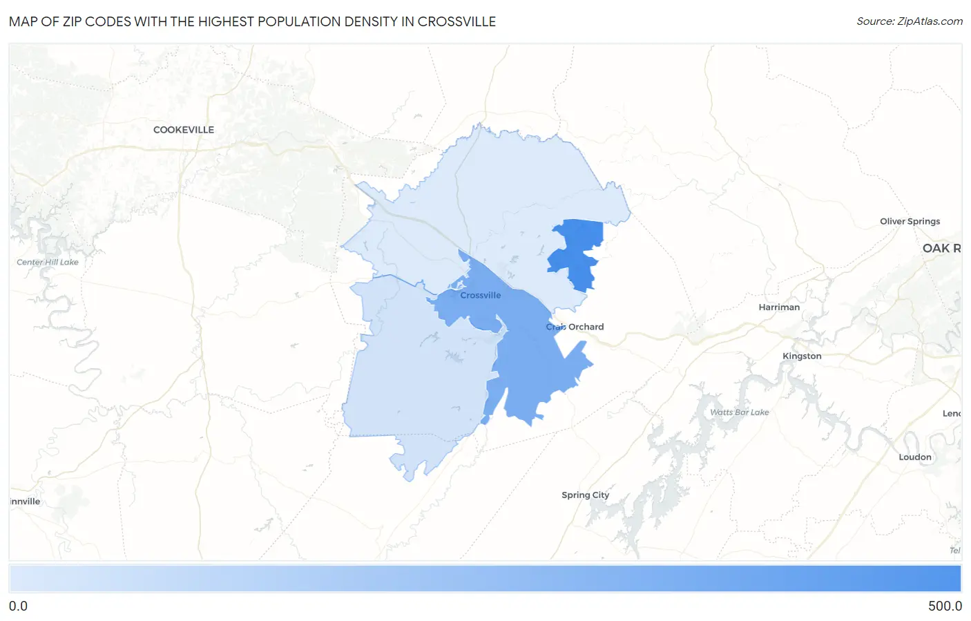 Zip Codes with the Highest Population Density in Crossville Map