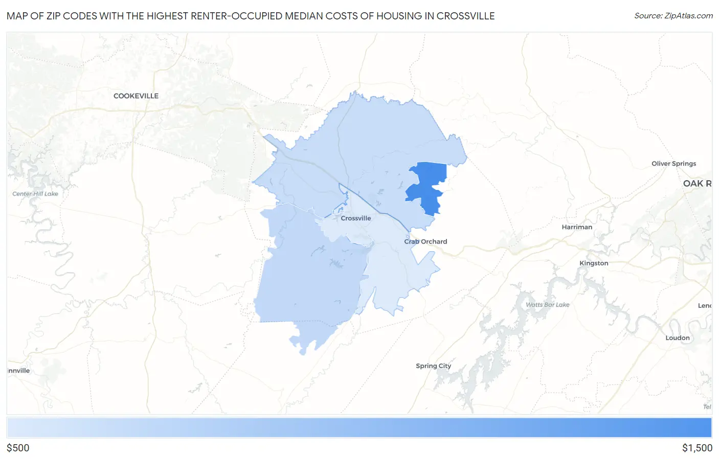 Zip Codes with the Highest Renter-Occupied Median Costs of Housing in Crossville Map