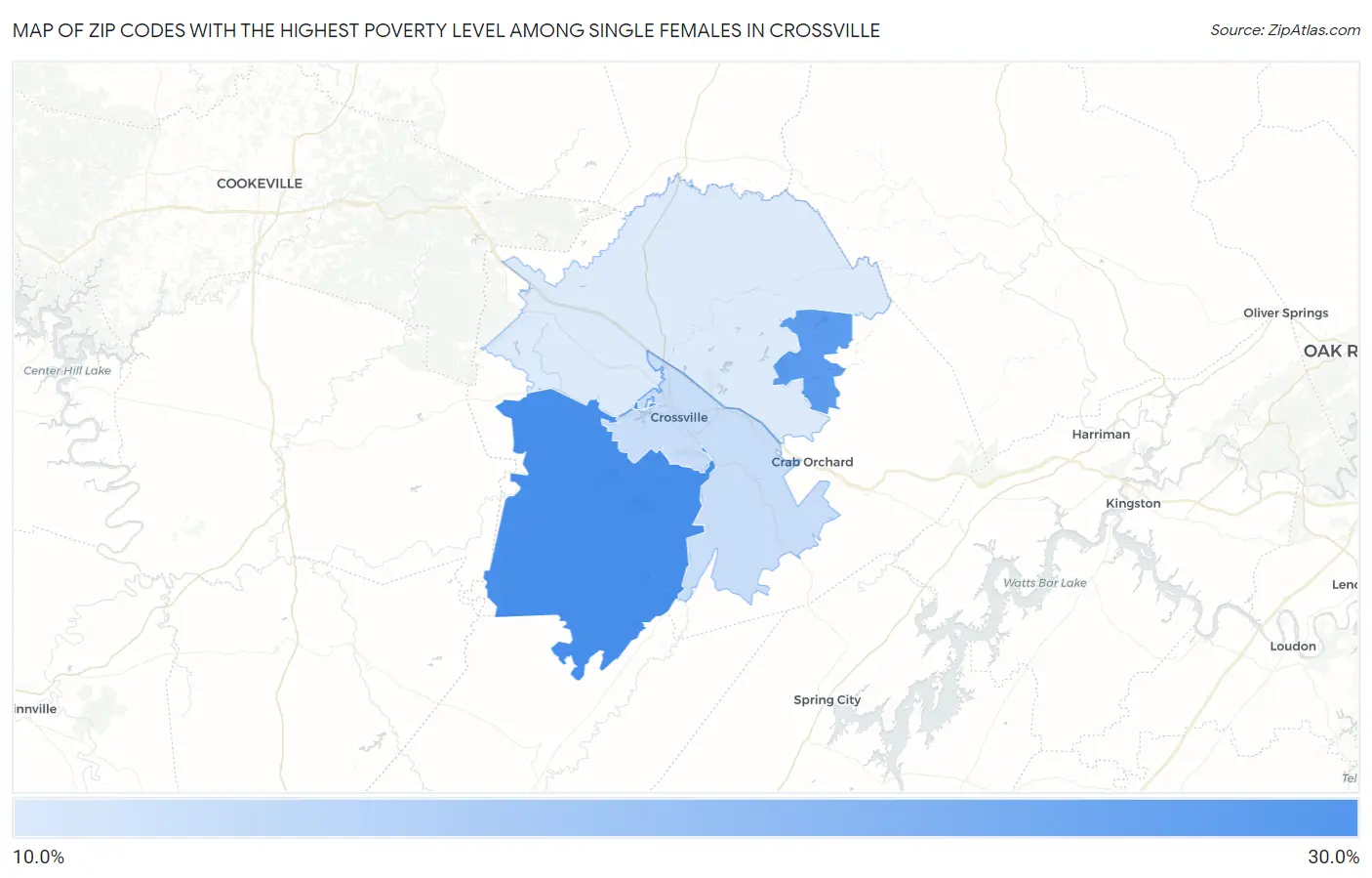 Zip Codes with the Highest Poverty Level Among Single Females in Crossville Map