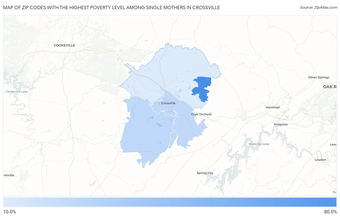 Zip Codes with the Highest Poverty Level Among Single Mothers in Crossville Map