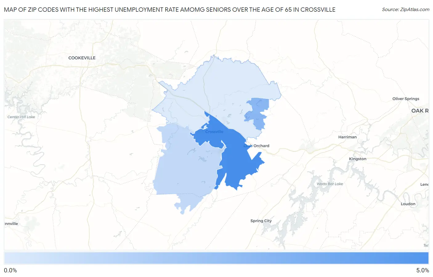 Zip Codes with the Highest Unemployment Rate Amomg Seniors Over the Age of 65 in Crossville Map