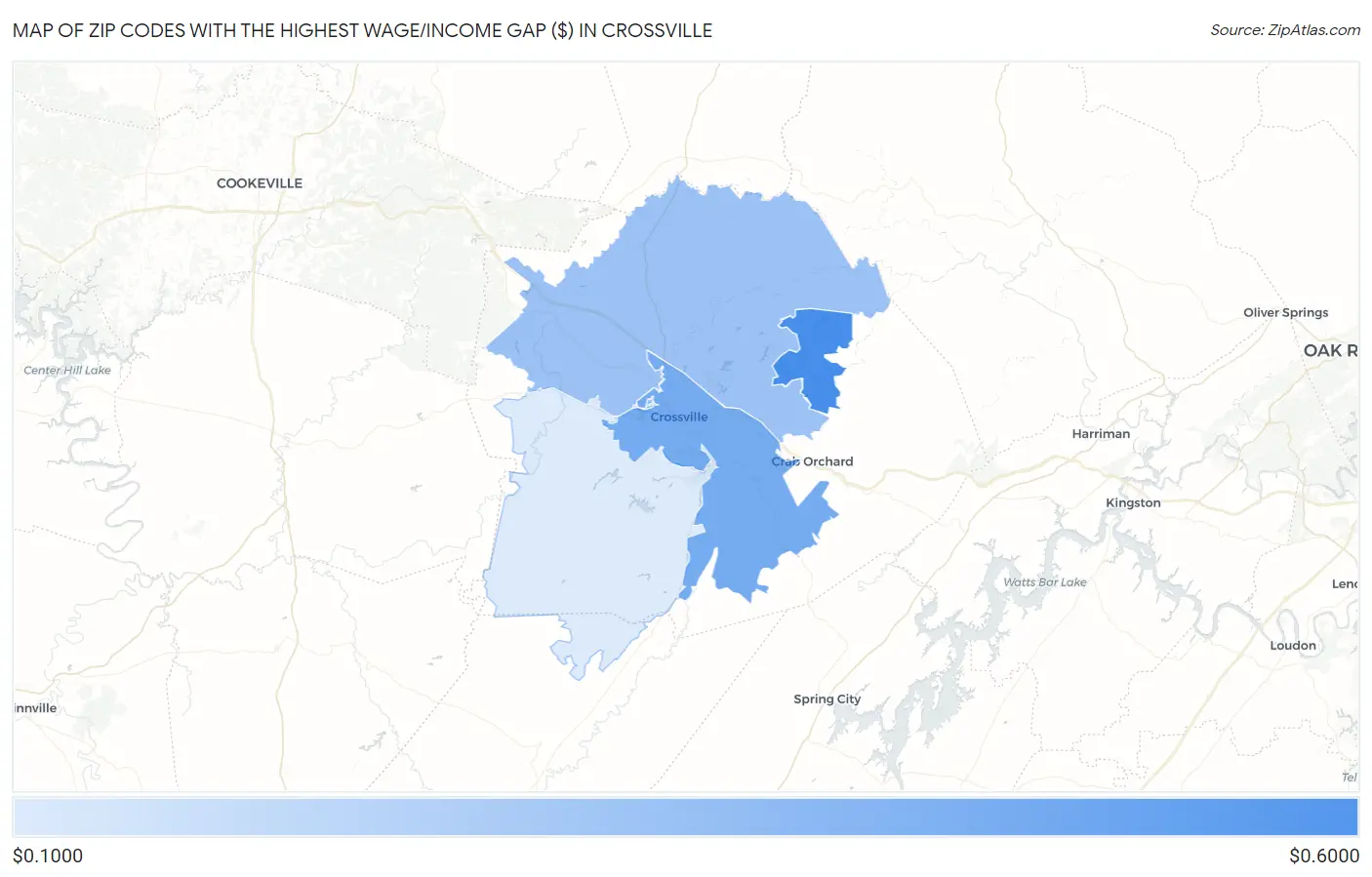 Zip Codes with the Highest Wage/Income Gap ($) in Crossville Map